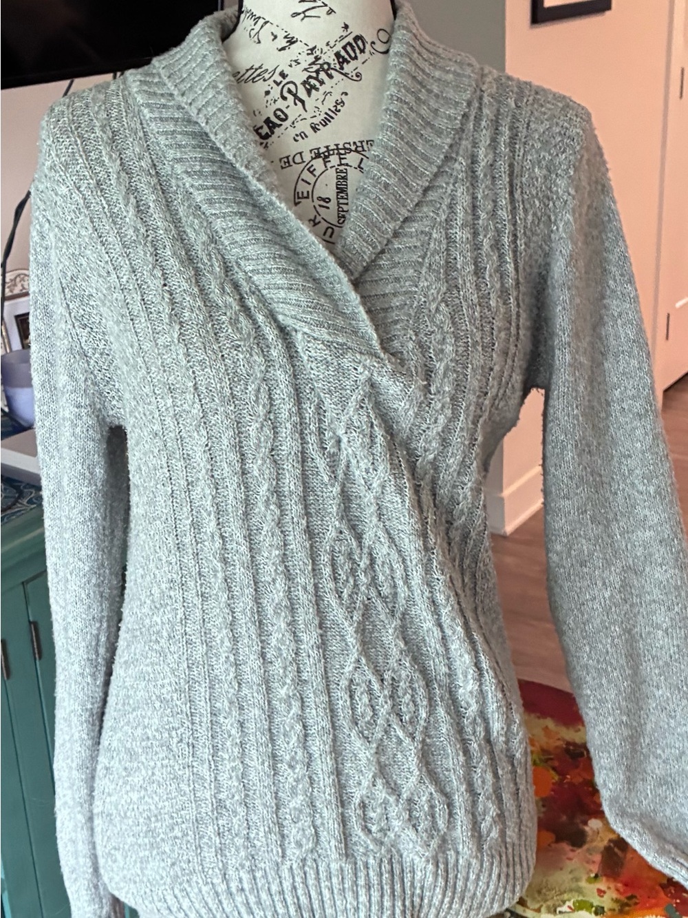 SHEIN Light Gray Cable-Knit Shawl Collar Cardigan Sweater